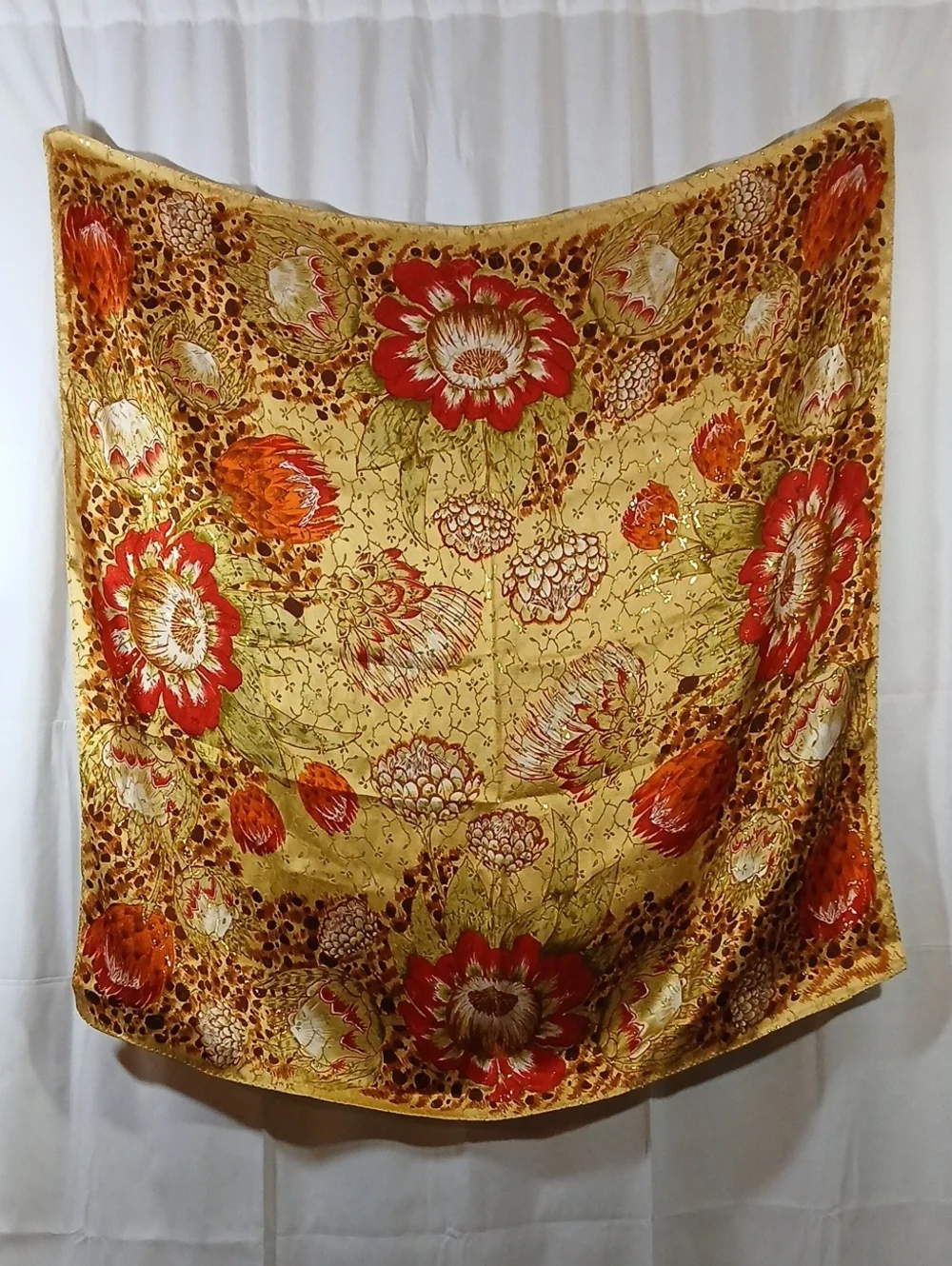 Womens Floral Silk Scarf Metallic Gold 34 Inch Square Orange Red